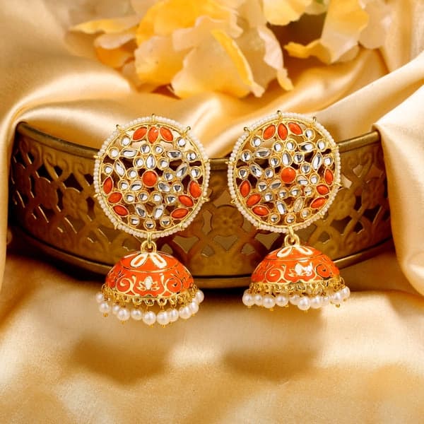 Women's Gold Plated Orange Meenakari Casual Jhumka Earrings with Pearl