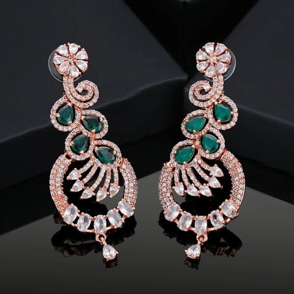 Women's Rose Gold Plated CZ Dangle Earrings with Emerald Stones
