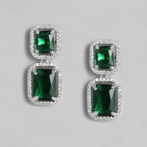 Women's Rhodium Plated CZ Radiant Designer Drop Earrings with Emerald Crystal