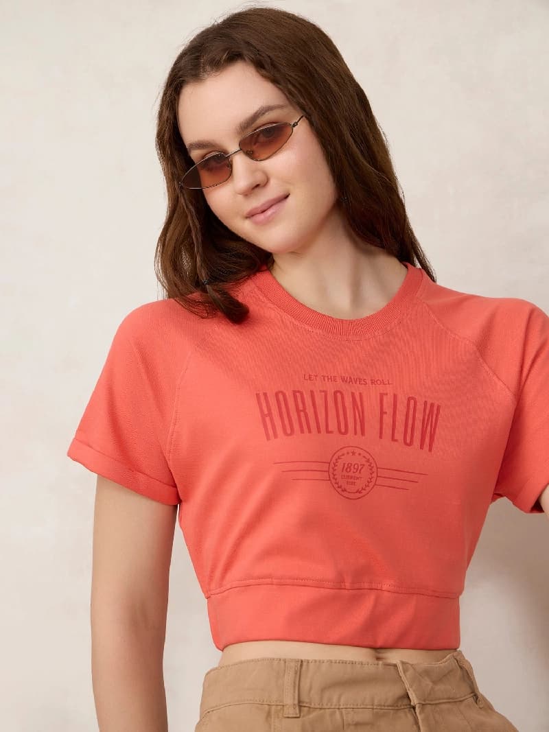 Women's Orange Casual Printed Oversized Fit Tshirt