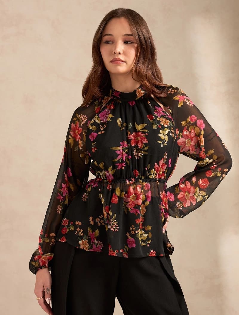 Women's Black Party Floral Regular Fit Top