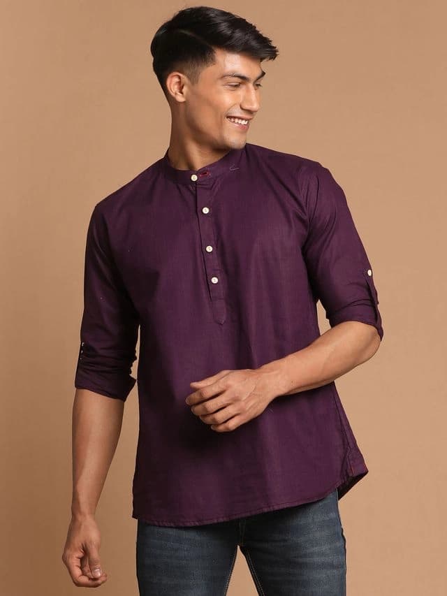 Men's Purple Festive Full Sleeves Short Kurta