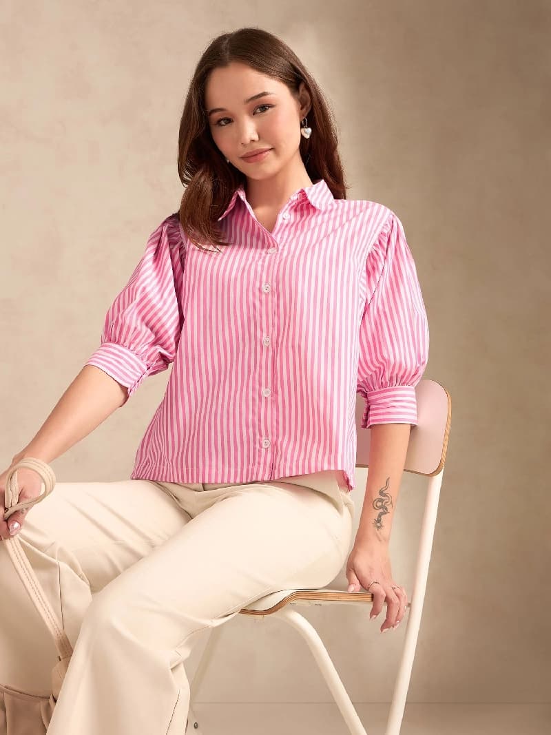 Women's Pink Party Striped Regular Fit Shirt