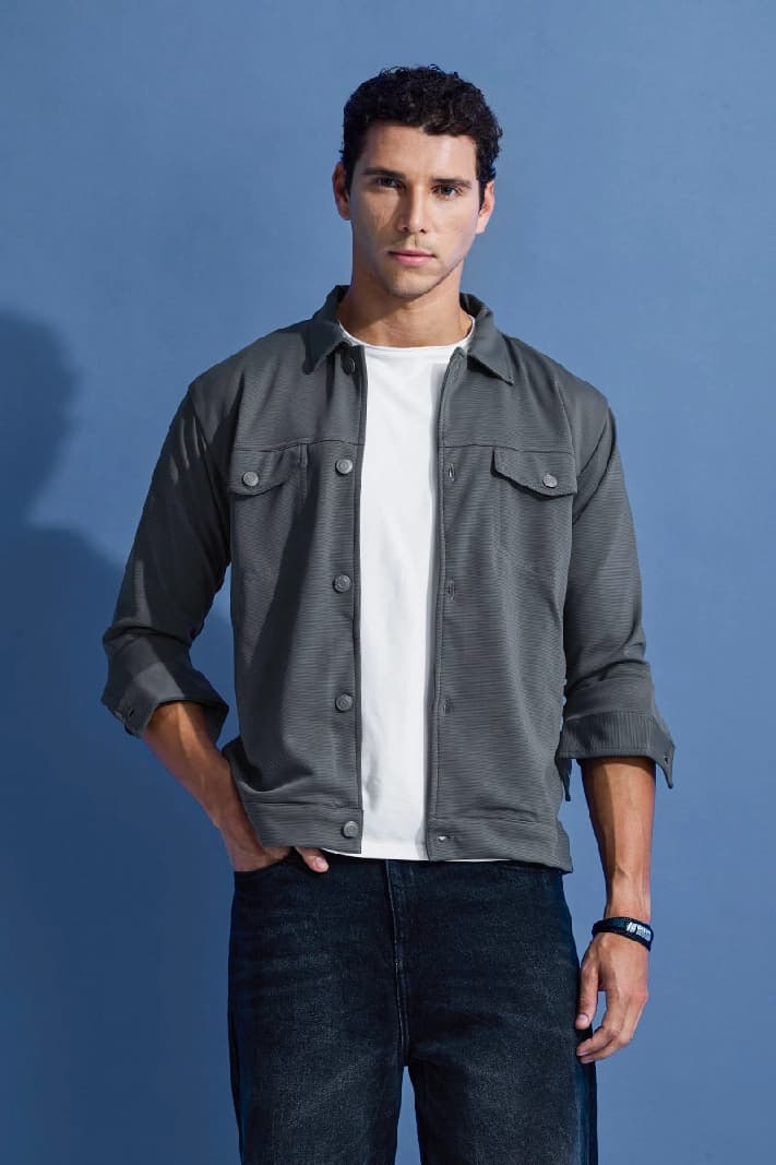 Men's Grey Casual Solid Regular Fit Jacket