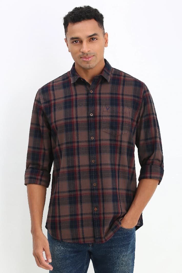 Men's Brown Casual Checked Slim Fit Shirt