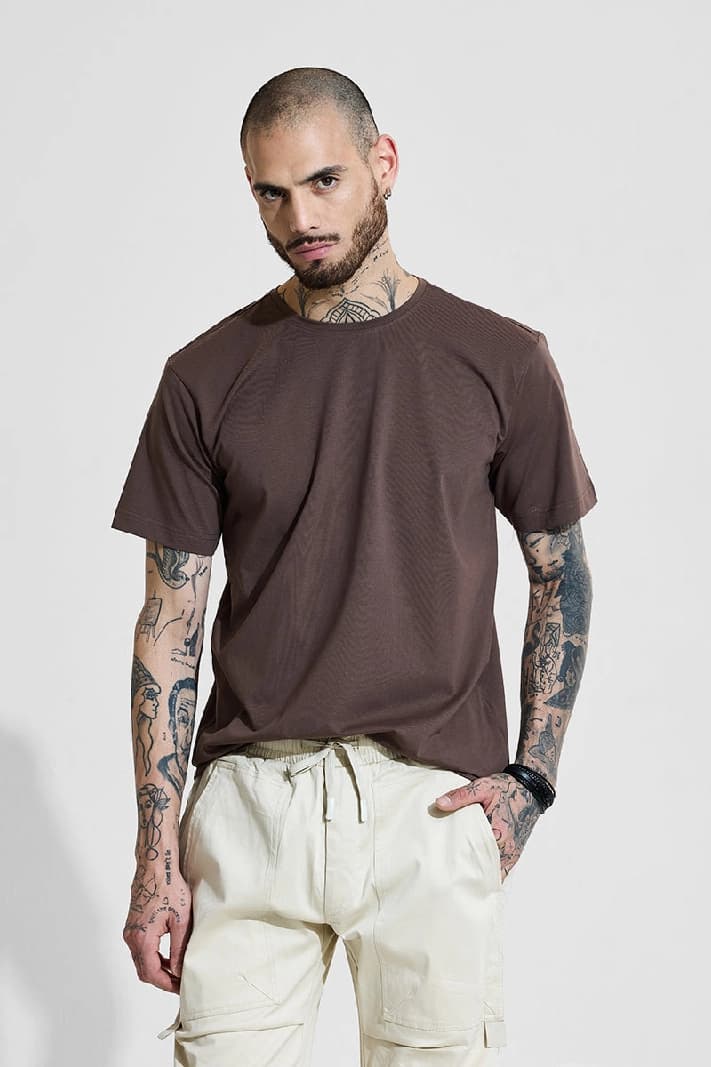 Men's Brown Casual Solid Slim Fit Tshirt