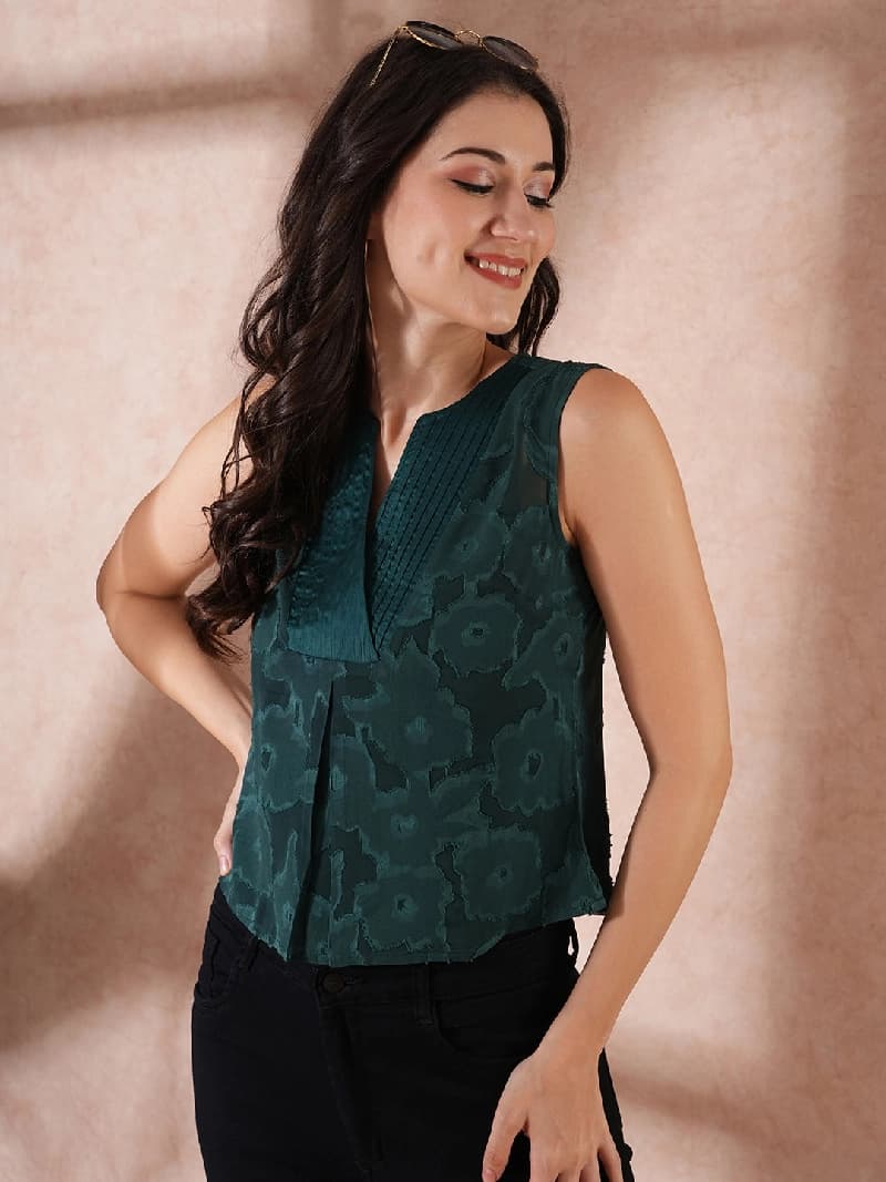 Women's Green Party Self-Design Regular Fit Top