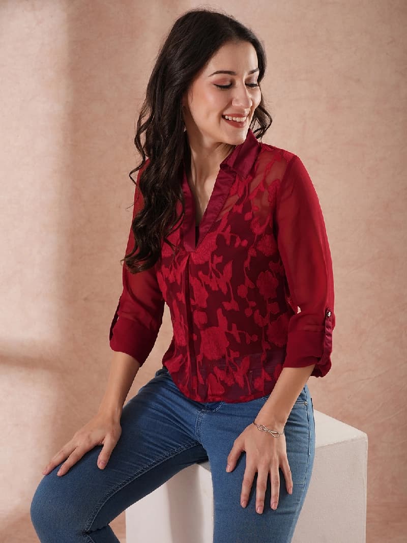 Women's Red Casual Self-Design Regular Fit Top