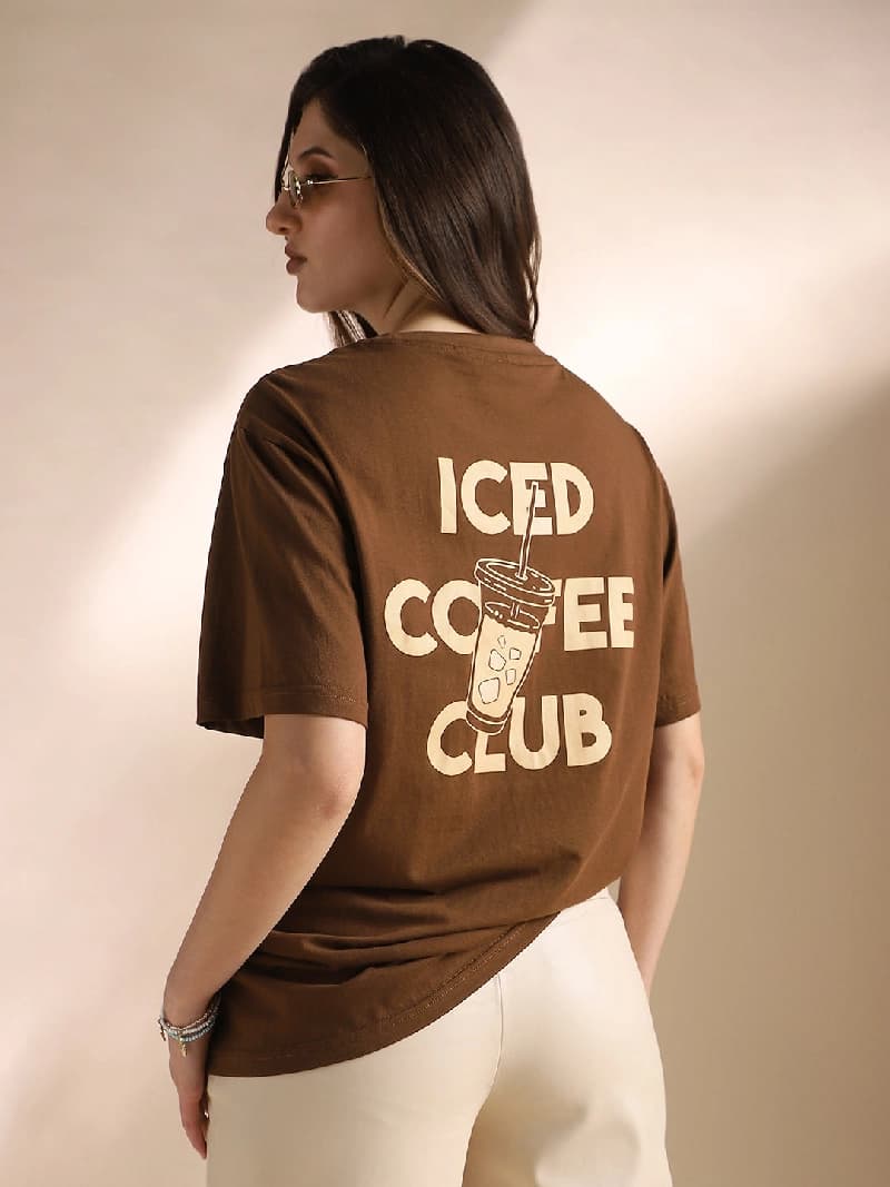 Women's Brown Casual Printed Oversized Fit Tshirt