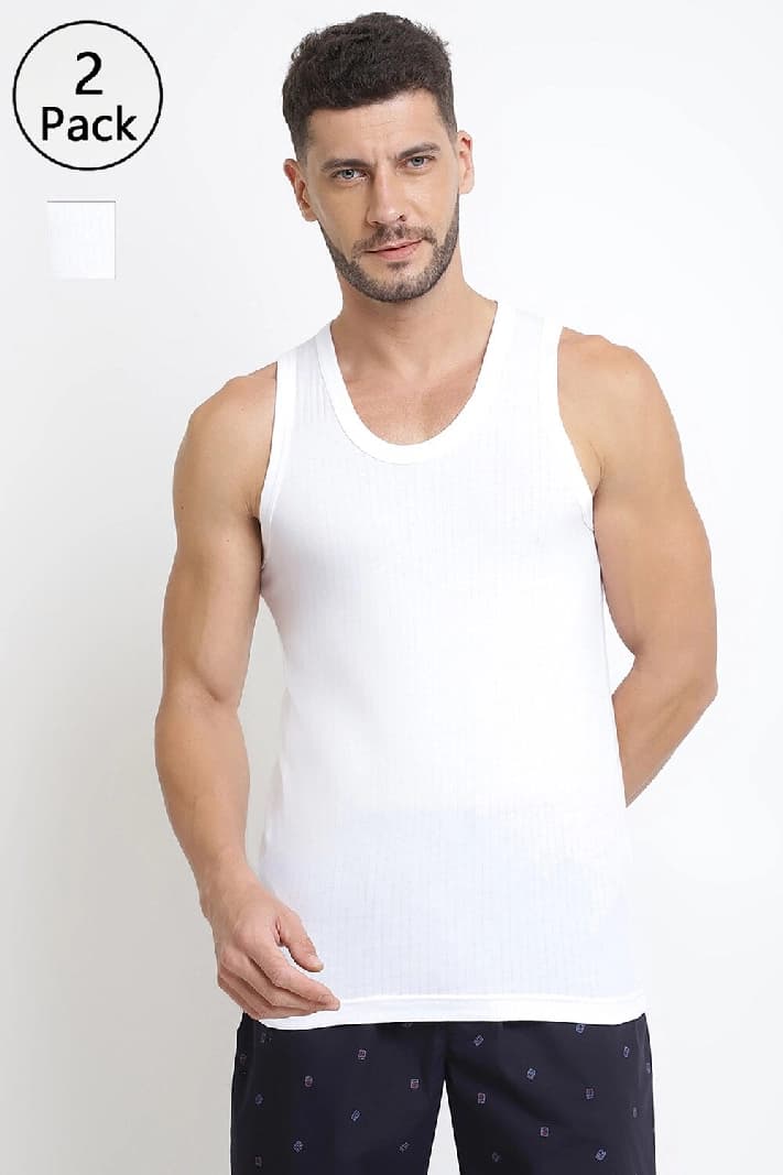 Men's White Sport Regular Fit Ultra Soft Wider Straps Solid Vest - Pack of 2