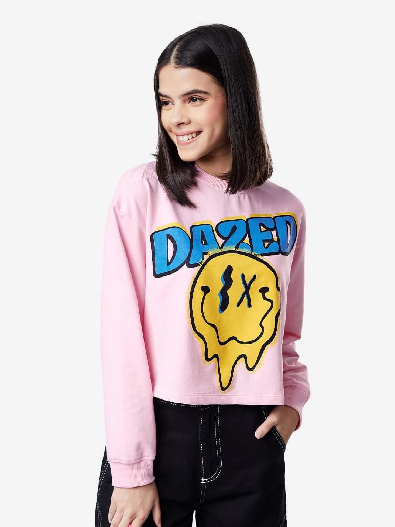 Women's Pink Casual Graphic Regular Fit Sweatshirt