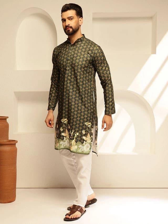 Men's Green Festive Floral Regular Fit Kurta