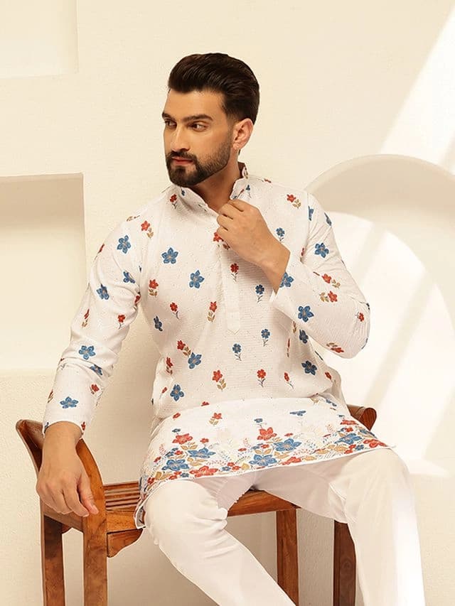 Men's White Festive Floral Regular Fit Kurta