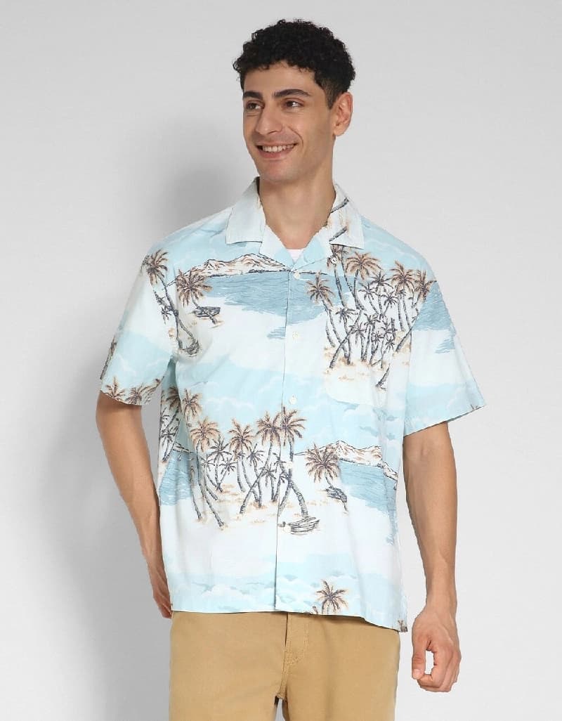 Men's Blue Casual Printed Regular Fit Shirt