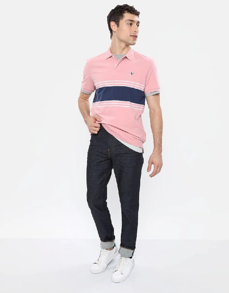 Men's Pink Casual Colorblocked Regular Fit Polo Tshirt