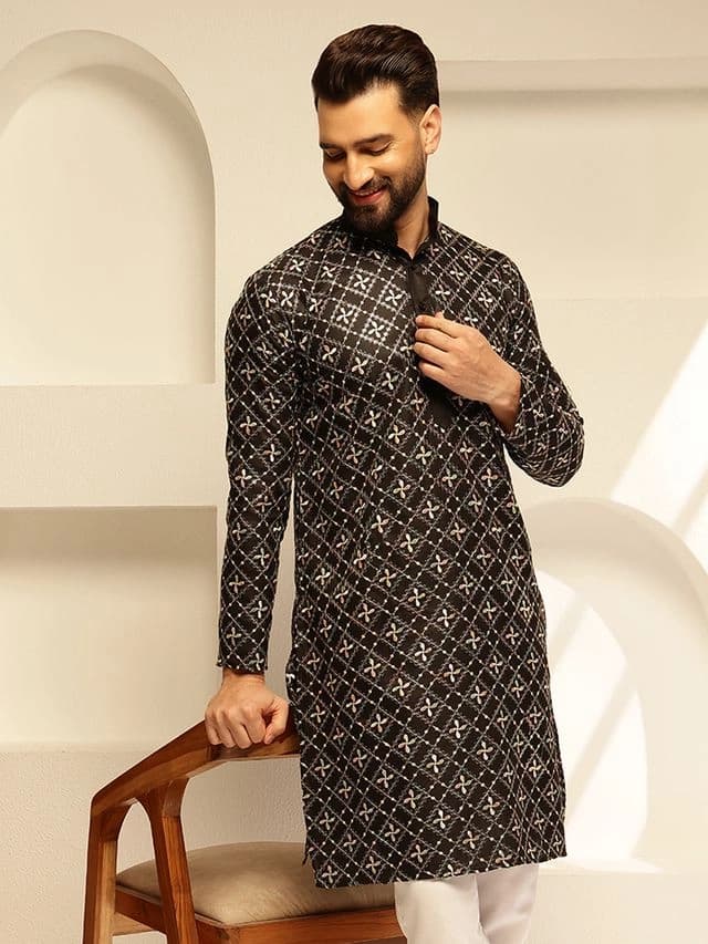 Men's Black Festive Floral Kurta