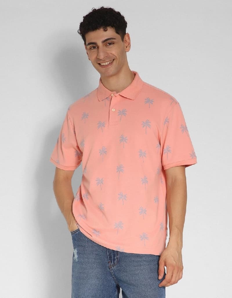 Men's Orange Casual Printed Regular Fit Polo Tshirt
