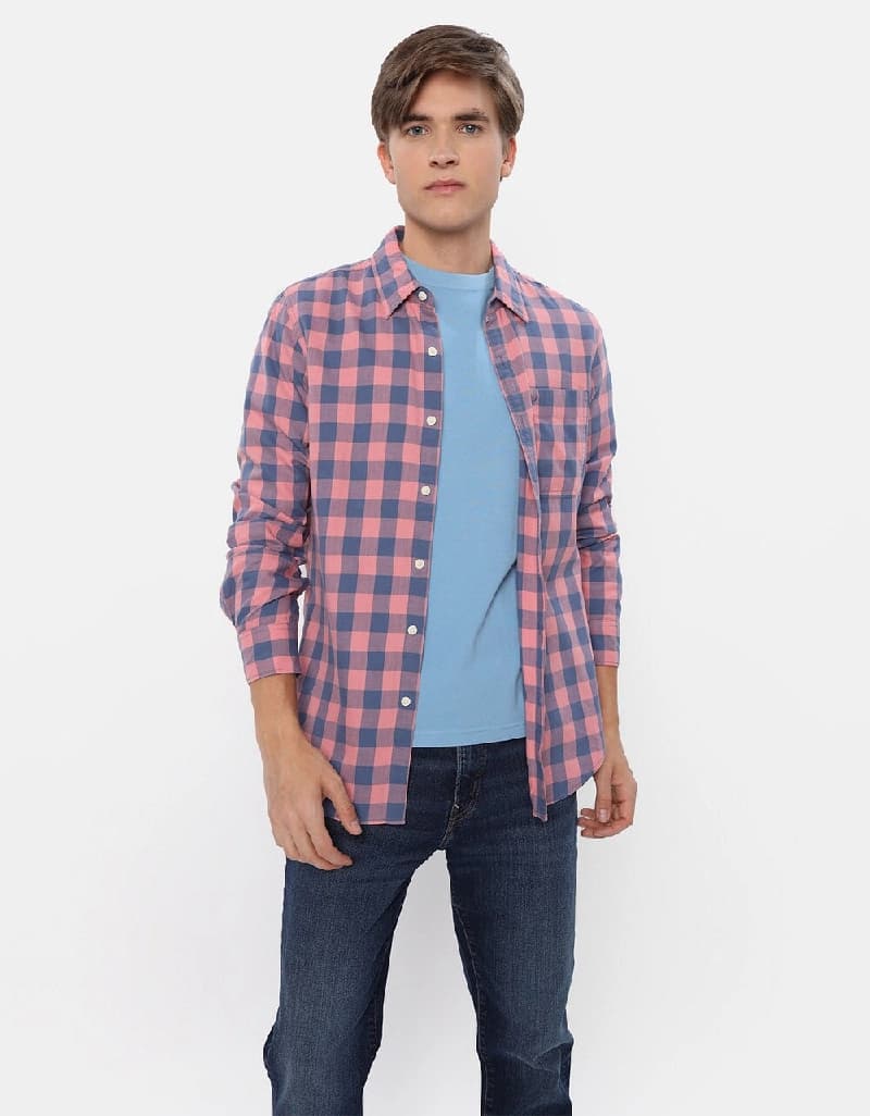 Men's Pink Casual Checked Slim Fit Shirt