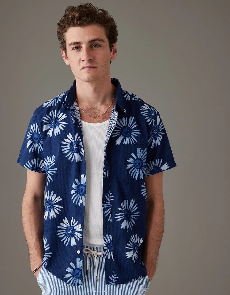 Men's Navy Casual Printed Regular Fit Shirt