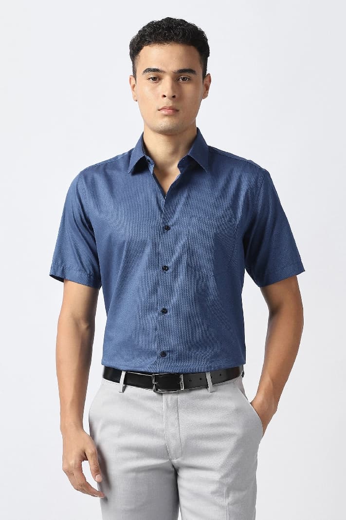 Men's Blue Formal Textured Regular Fit Shirt