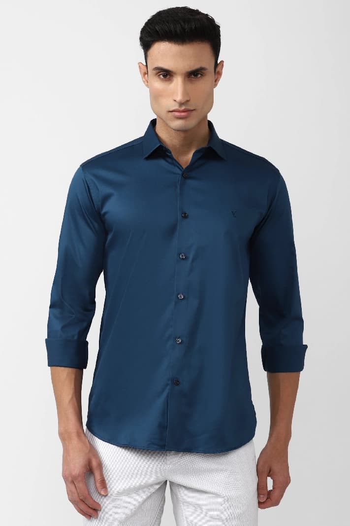 Men's Blue Casual Solid Slim Fit Shirt