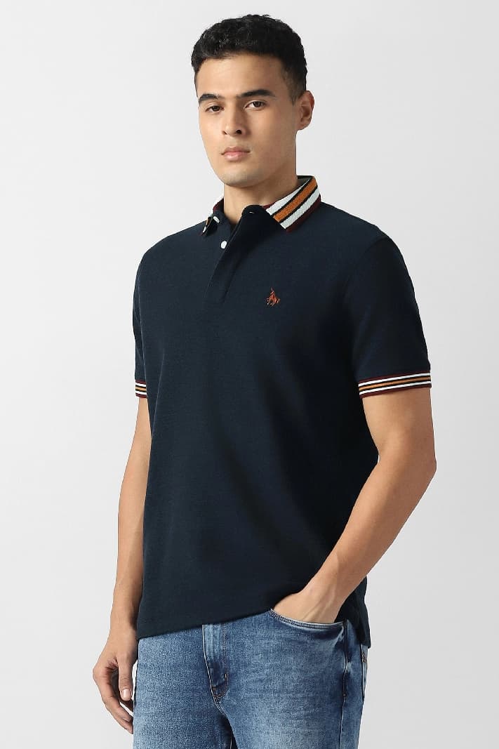 Men's Navy Casual Solid Regular Fit Tshirt
