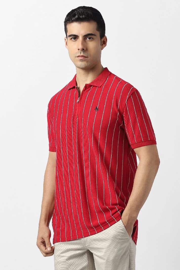 Men's Red Casual Striped Regular Fit Tshirt