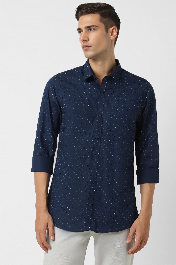 Men's Navy Casual Printed Slim Fit Shirt