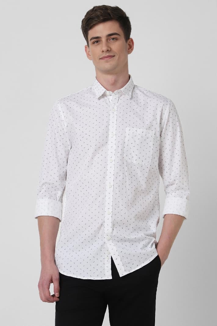 Men's White Casual Printed Slim Fit Shirt