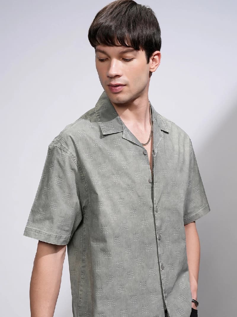 Men's Green Casual Textured Oversized Fit Shirt