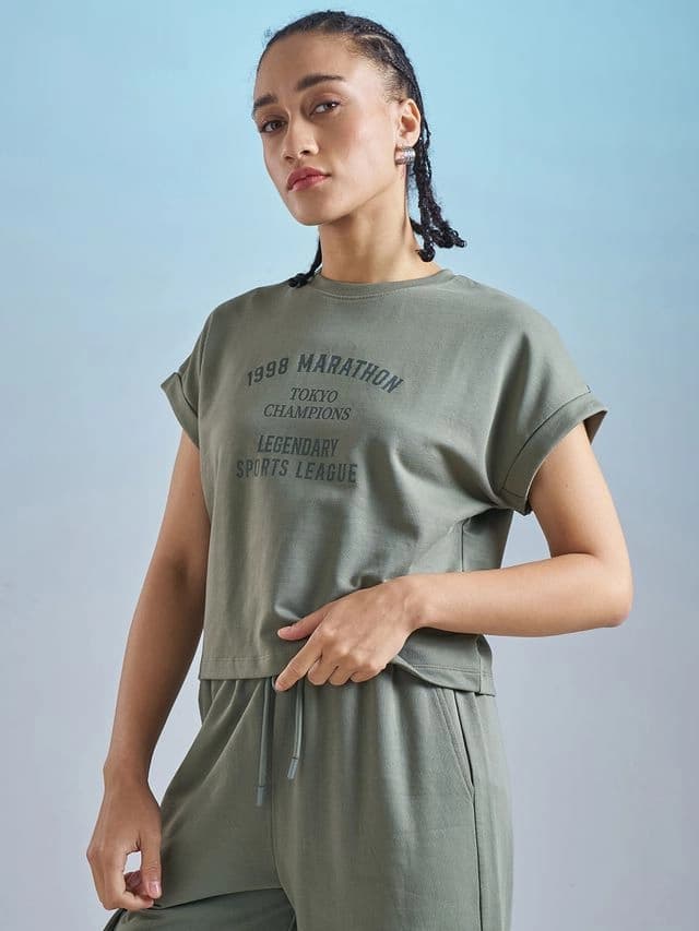 Women's Green Casual Printed Regular Fit Half Sleeves Tshirt