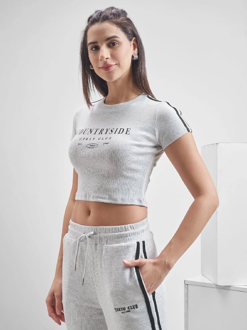 Women's Grey Casual Printed Regular Fit Half Sleeves Top