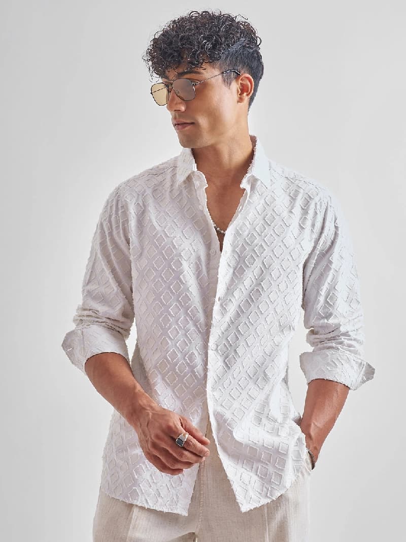 Men's White Casual Printed Slim Fit Shirt