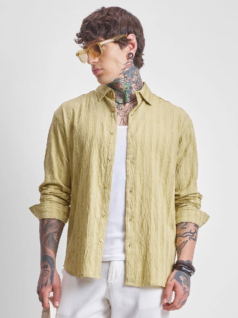 Men's Yellow Casual Printed Regular Fit Shirt