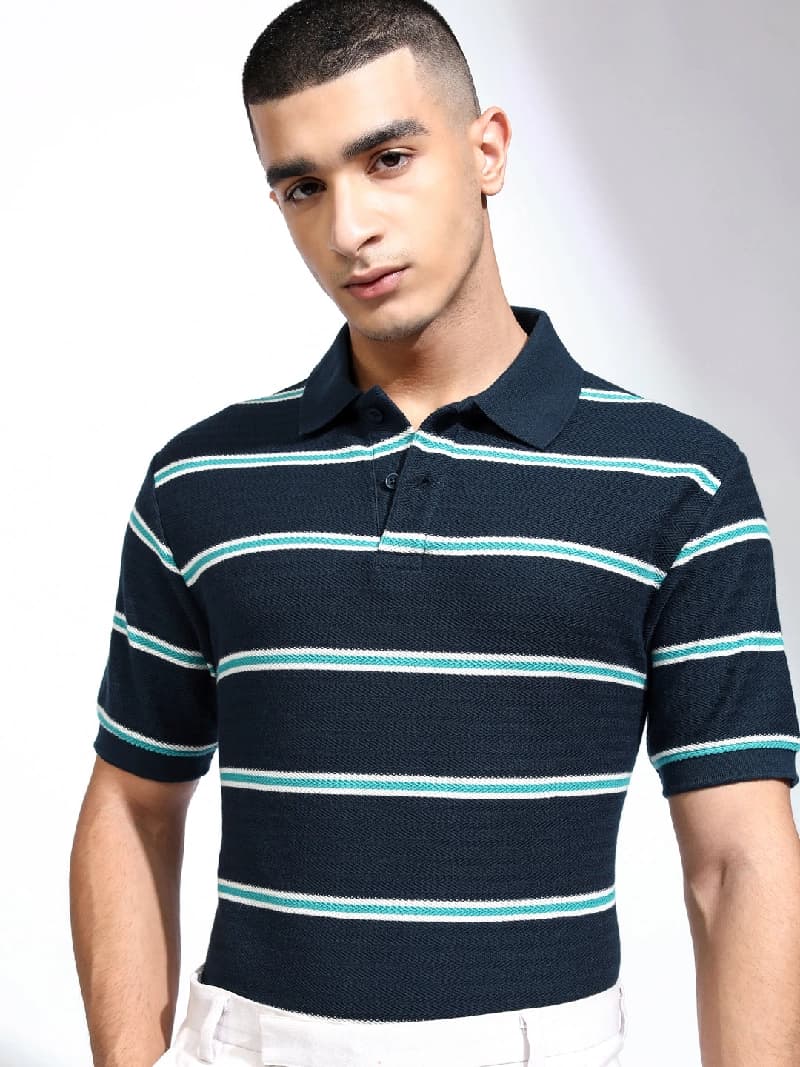 Men's Navy Casual Striped Regular Fit Tshirt