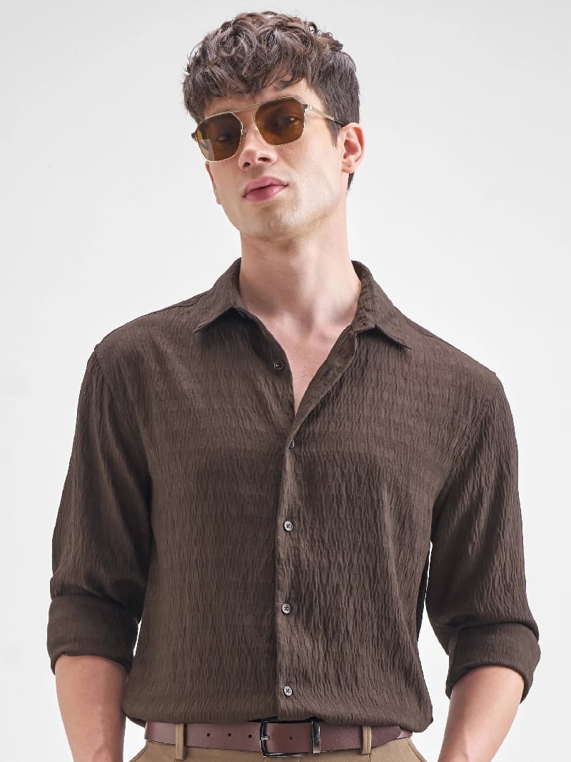 Men's Brown Casual Printed Slim Fit Shirt