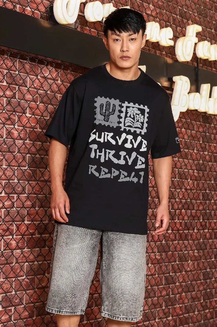 Unisex Black Casual Printed Oversized Fit Tshirt