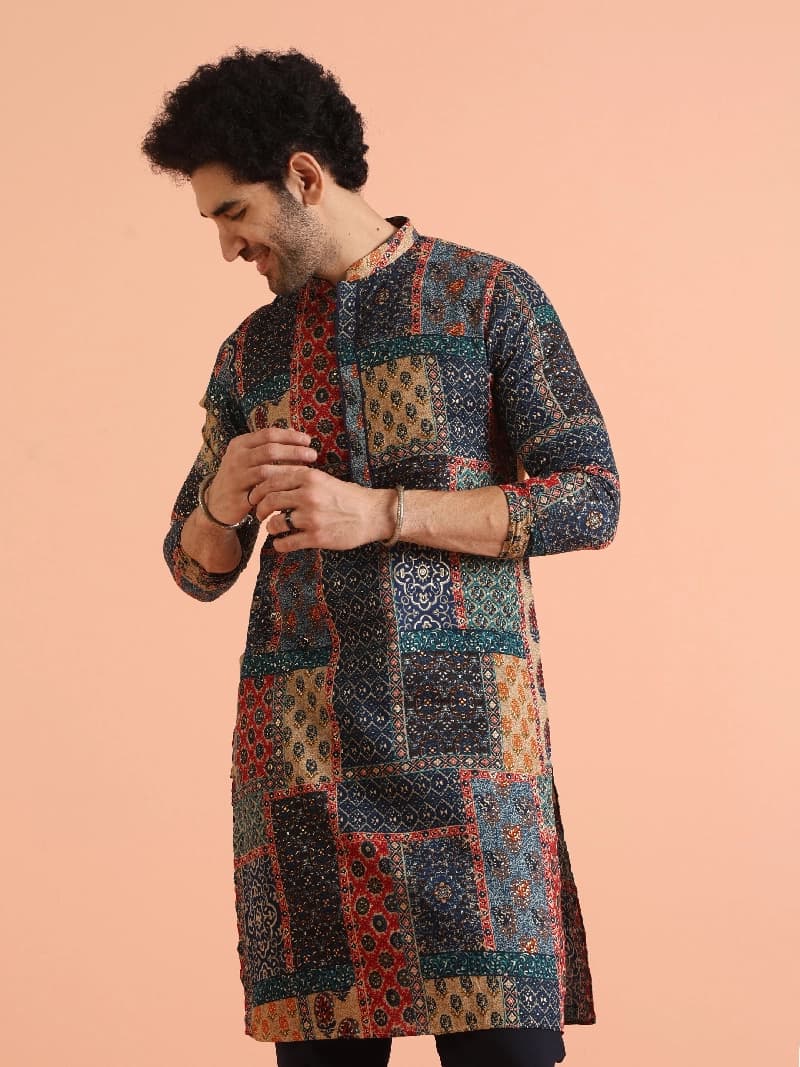 Men's Multicolor Festive Printed Regular Fit Kurta