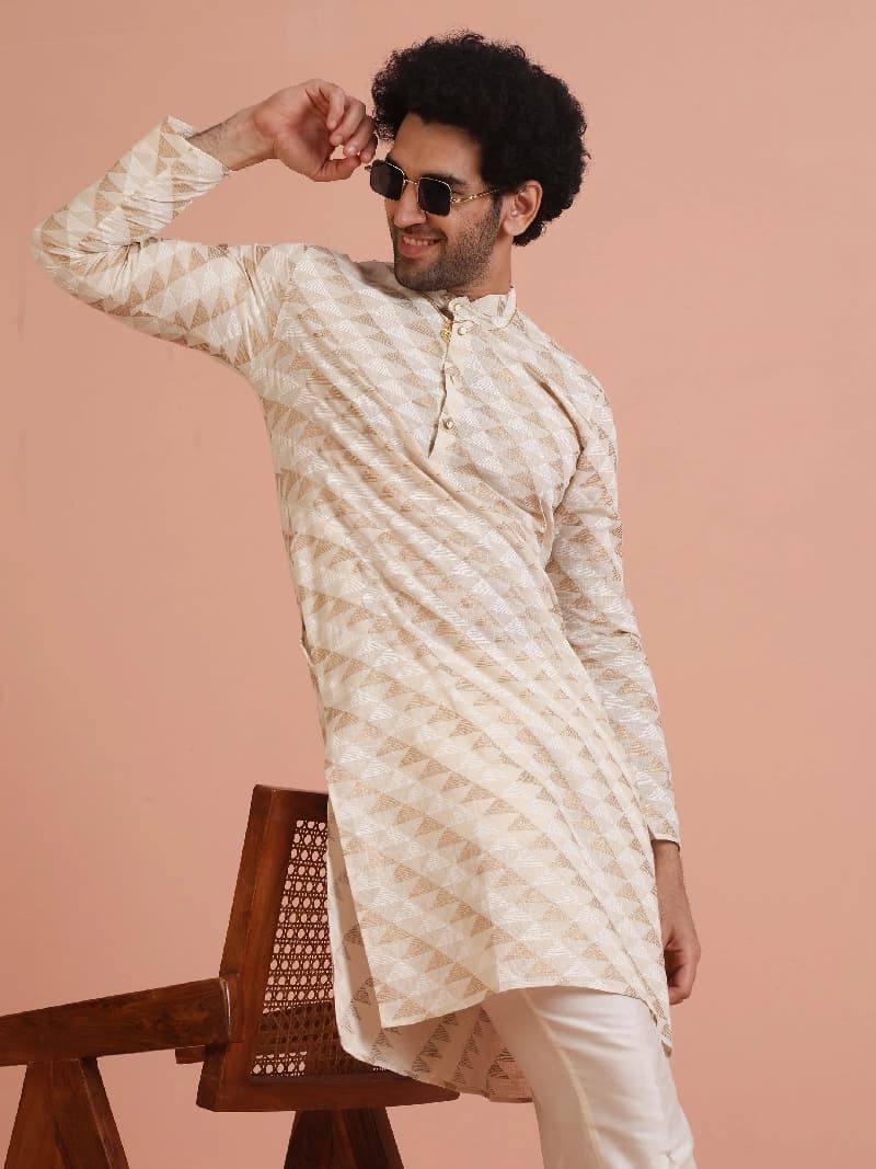 Men's Beige Festive Printed Regular Fit Kurta