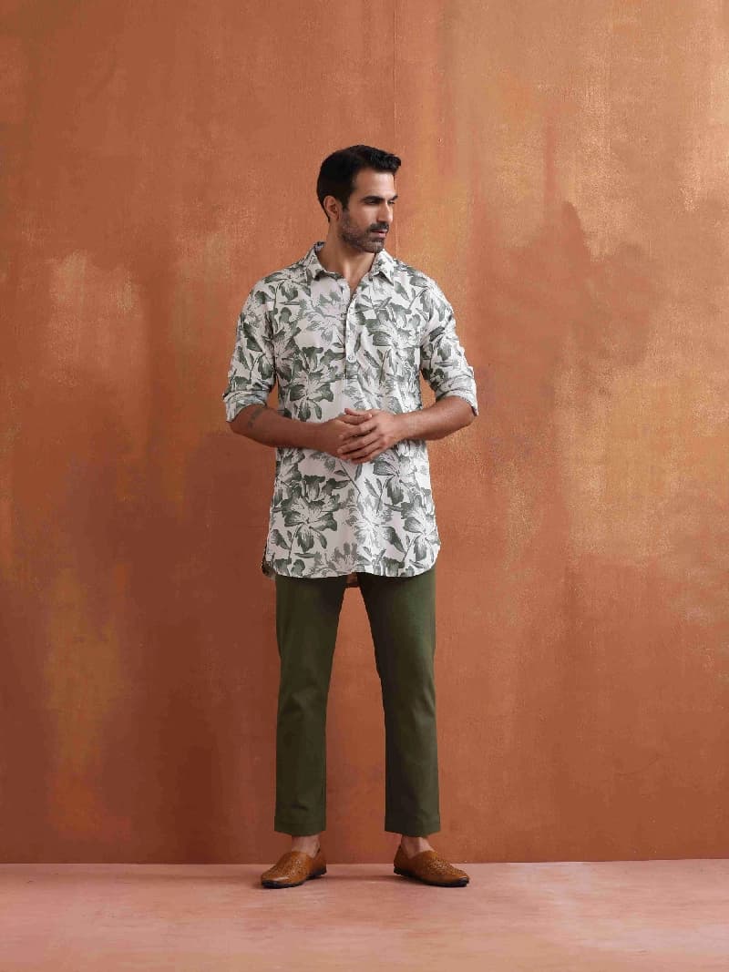 Men's Off White Festive Floral Regular Fit Kurta