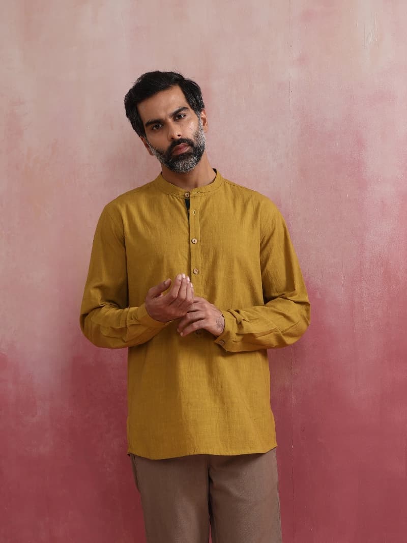 Men's Yellow Festive Solid Regular Fit Kurta