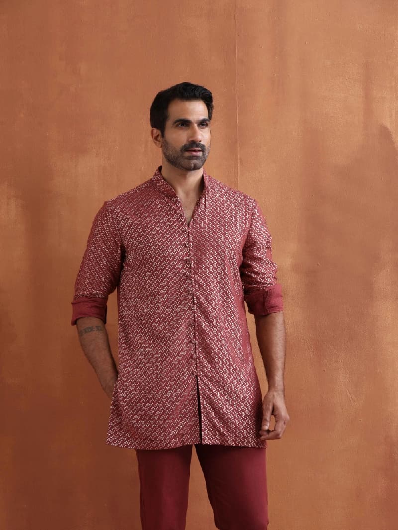 Men's Red Festive Solid Regular Fit Kurta