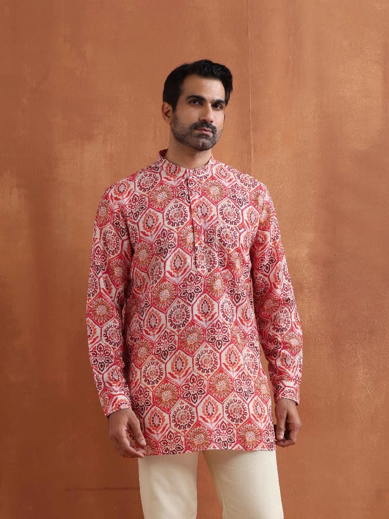 Men's Beige Festive Geometric Regular Fit Kurta