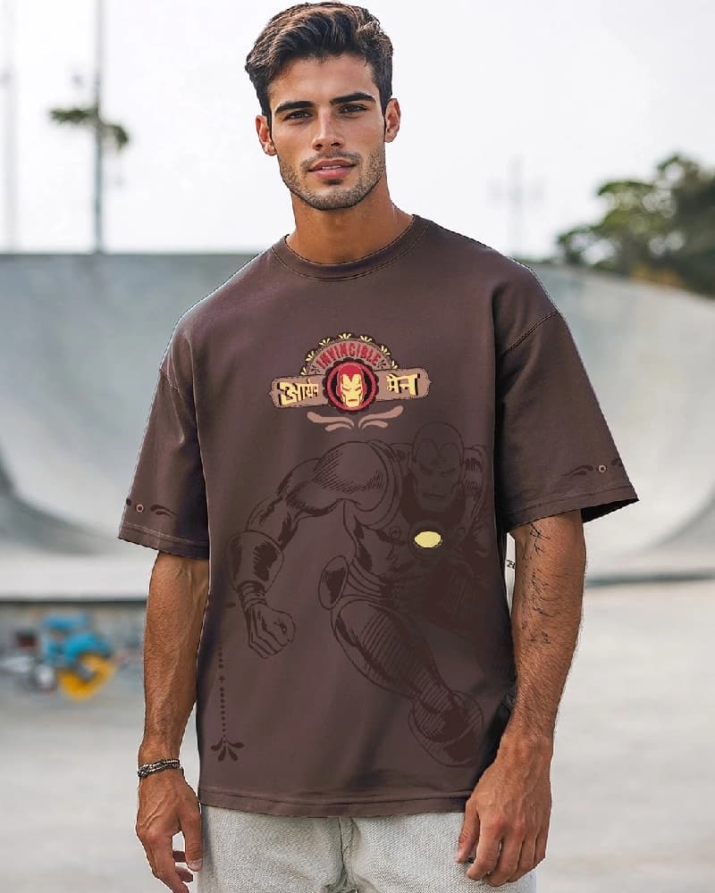 Men's Brown Casual Printed Oversized Fit Tshirt