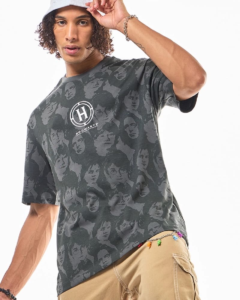 Men's Grey Casual Printed Oversized Fit Tshirt