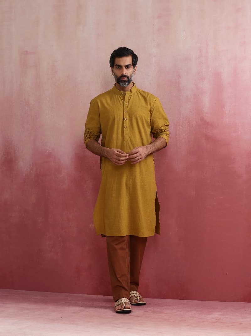 Men's Yellow Festive Solid Regular Fit Kurta