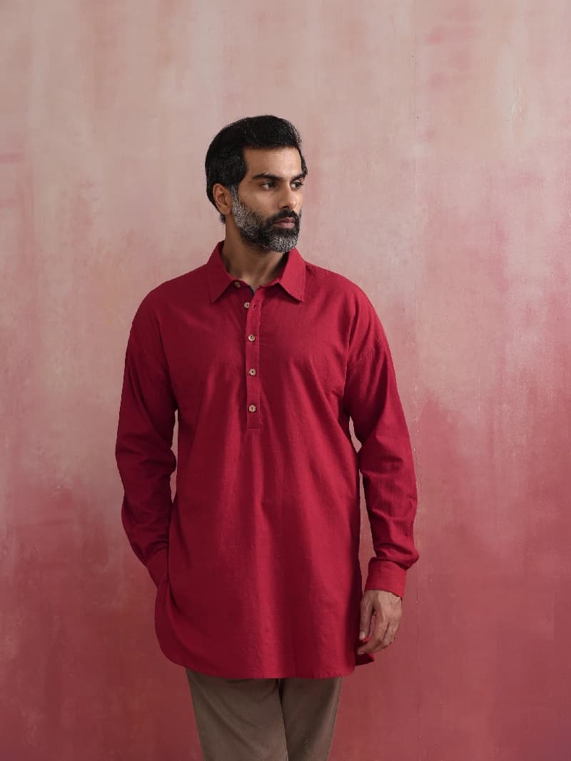 Men's Red Festive Solid Regular Fit Kurta
