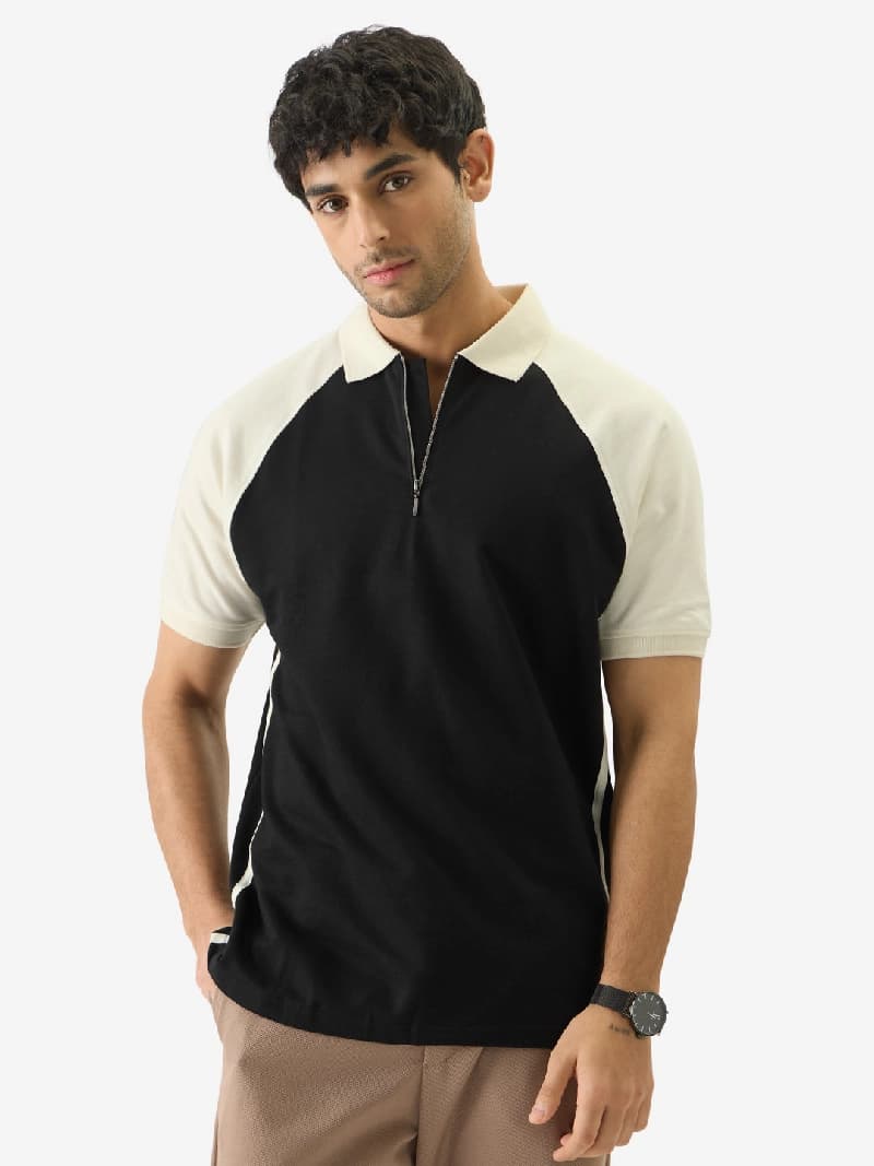 Men's Black Casual Colorblocked Regular Fit Tshirt