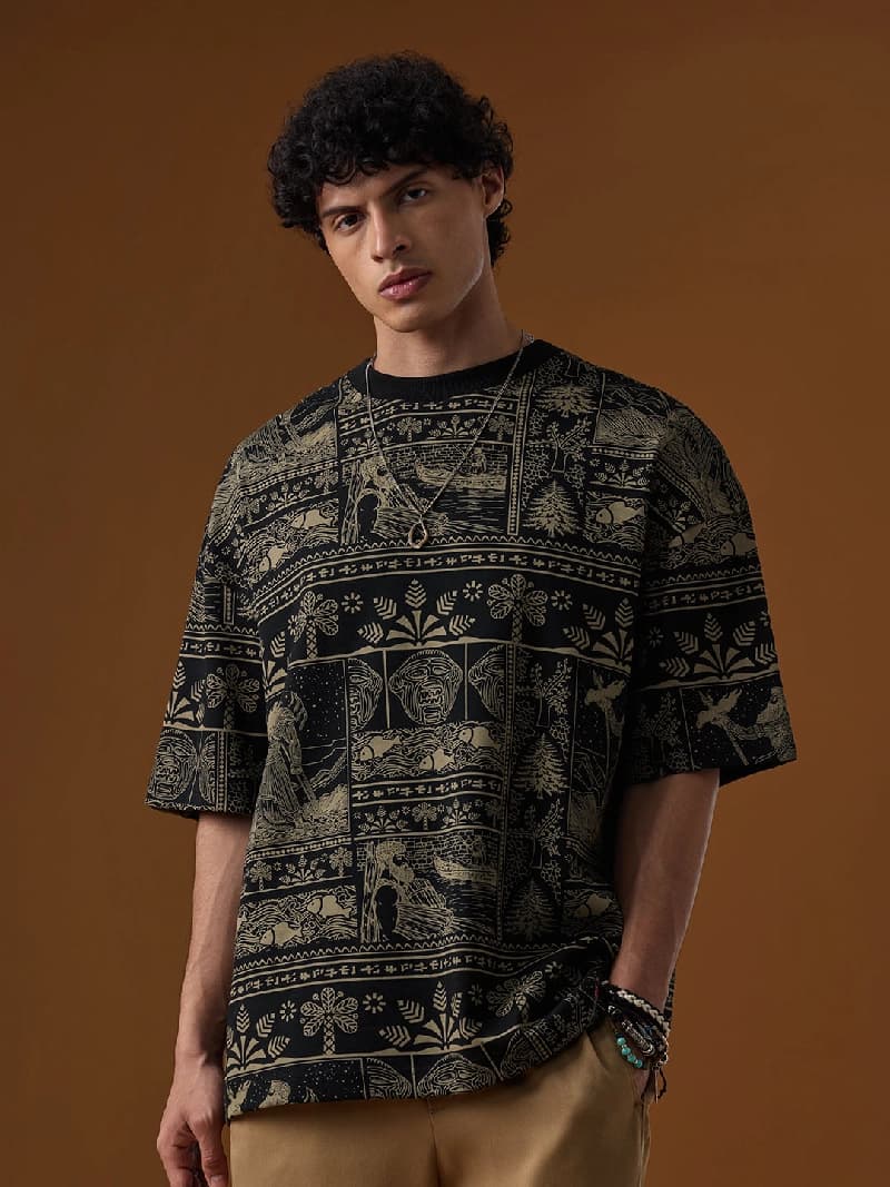 Men's Black Casual Printed Oversized Fit Tshirt