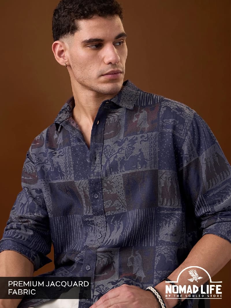 Men's Blue Casual Printed Regular Fit Shirt
